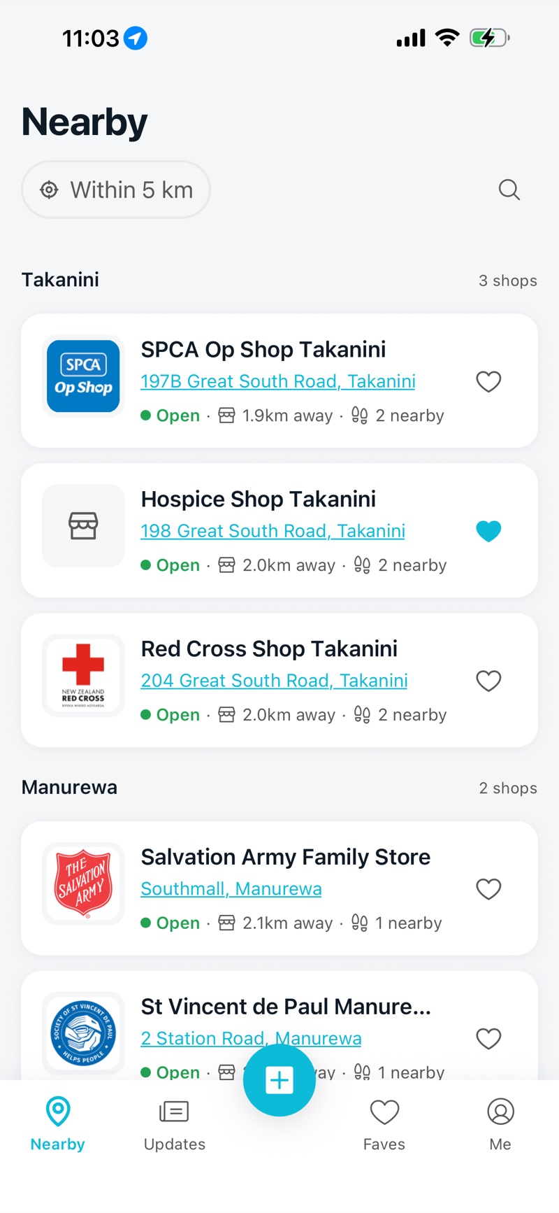 Op Spot nearby map screen showing open shops